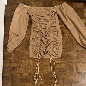 Elegant Tan Ruched Off-Shoulder Dress